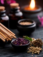 Aromatic dried herbs and flowers in black ceramic bowls with cinnamon sticks, burning candle and spa stones create serene wellness atmosphere on dark background.