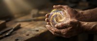Elderly hands holding glowing golden spiral energy orb in warm sunlight, spiritual healing power concept for meditation and wellness practices.