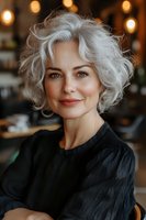 Confident mature woman with stylish silver curly hair and natural makeup smiling warmly at camera. Wearing black blouse against soft bokeh restaurant background.