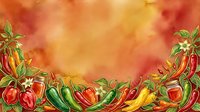 Vibrant red and yellow peppers with green leaves arranged on warm orange and red watercolor background. Suitable for food, cooking, recipe, and culinary design projects.