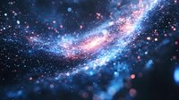 Cosmic spiral galaxy with glowing blue and pink stardust against dark space background, featuring luminous particles and ethereal nebula formations. Suitable for astronomy themes.