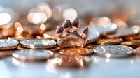 Bronze paw print charm on scattered copper and silver coins with soft bokeh lights in background, creating magical financial pet care concept.