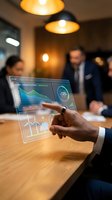 Businessman with dark skin tone holding transparent tablet displaying financial analytics with charts and graphs during corporate meeting in modern office with warm lighting.
