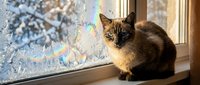 Tabby cat sitting on windowsill gazing at snowy winter landscape outside, domestic pet enjoying cold season view from warm indoor home.