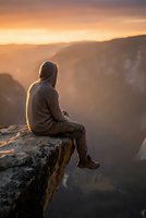 Person sitting on cliff edge watching golden sunset over mountain valley landscape for meditation and adventure travel concepts.