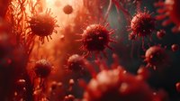 Red virus cells with spiky surface structures floating in atmospheric red-tinted environment, illustrating infectious disease concept for medical education.