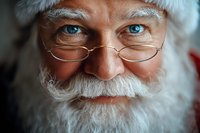 Close up portrait of senior man with white beard, glasses and bright blue eyes showing warm genuine smile, radiating joy and kindness during winter season.