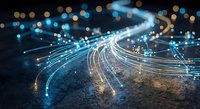Digital fiber optic cables with glowing data streams and bokeh lights representing high-speed internet connectivity and modern telecommunications technology.