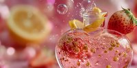 Refreshing strawberry lemonade in heart-shaped glass bottle with citrus slices and bubbles on pink background.