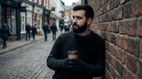 Bearded man in dark sweater holding coffee cup standing against brick wall on urban street with blurred pedestrians in background.