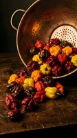 Colorful dried fruits spilling from copper colander on rustic wooden table creating warm kitchen scene for healthy snacking and cooking concepts.