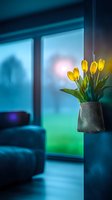 Yellow tulips in fabric vase against blurred modern interior with large windows and turquoise-blue tones create peaceful spring atmosphere for home decor.