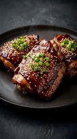 Glazed pork ribs with sesame seeds and green onions in cast iron skillet with steam rising from hot barbecue meat for restaurant menu and cooking content.