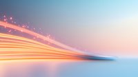 Glowing orange light trails with sparkles against soft pastel blue and pink gradient background create dynamic motion effect for technology and speed concepts.