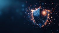 Glowing digital shield with orange and blue particles effect on dark background, representing cybersecurity and digital protection concept.