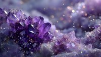 Vibrant purple amethyst crystal formation with sparkling bokeh effect, showcasing natural mineral growth in close-up detail against blurred background.