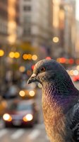 Urban pigeon portrait with blurred city street lights and traffic in background during golden hour creating warm bokeh atmosphere for wildlife photography.