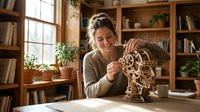 Young woman assembling wooden mechanical puzzle in cozy home library with natural lighting and plants creating peaceful crafting atmosphere.
