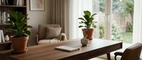 Wooden desk with laptop and potted plants in bright home office with armchair, bookshelf, and garden view through windows for work and productivity.