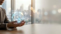Professional businessman holding holographic globe with digital data analytics in modern office environment for business technology presentations.