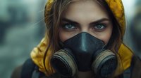 Young woman wearing yellow hoodie and black gas mask respirator with intense blue eyes looking directly at camera in urban environment.