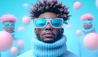 Young African American man in white sunglasses and blue turtleneck sweater against turquoise background with floating pink spheres, creating modern fashion portrait with surreal elements.