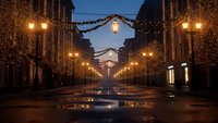 Festive city street at dusk with warm golden lights, cobblestone pavement and holiday decorations creating magical winter atmosphere for seasonal campaigns.