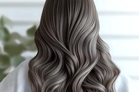 Long wavy gray hair styled in soft flowing curls against white background, showcasing modern silver hair coloring trend and professional hairstyling technique.