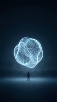 Silhouetted male figure standing before glowing wireframe sphere in dark space, representing innovation, technology, and abstract concepts for business and science applications.