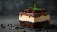 Layered chocolate mousse cake slice with dark chocolate base, creamy vanilla center, chocolate ganache top, garnished with mint leaf and chocolate chips.
