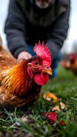 Close-up portrait of red rooster with bright comb on green grass. Vibrant orange and brown feathers, detailed head shot showing eye and beak in natural farm setting.