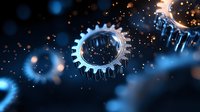 Glowing mechanical gears floating in dark space with sparkles and blue bokeh lights, symbolizing industrial technology and innovation in engineering.