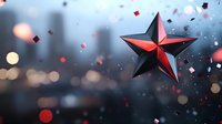 Black and red metallic star floating against blurred bokeh background with falling confetti pieces creating festive atmosphere for celebration designs.