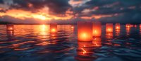 Glowing paper lanterns floating on calm water surface at sunset, dramatic orange sky with dark clouds reflecting in rippling waves creates magical atmosphere.