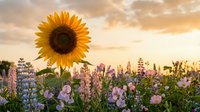 Sunflower blooming in wildflower meadow at golden hour sunset with lupines and pink flowers creating dreamy summer landscape for nature photography.