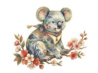 Adorable koala with floral patterns and decorative flowers, isolated on white background. Perfect for children's designs, nursery decor, apparel, and stickers.