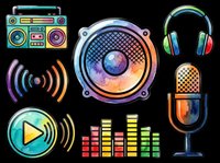 Watercolor music icons set with boombox, speaker, headphones, microphone, equalizer, and play button, isolated on transparent background. Ready for stickers, t-shirt design, clipart.