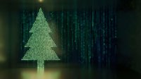 Digital Christmas tree made of binary code numbers on dark green matrix background for holiday technology concepts and cyber celebrations.