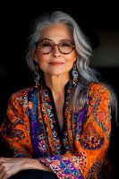 Elegant mature Asian woman with silver hair wearing colorful bohemian style dress, designer glasses and statement earrings smiling confidently at camera.