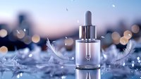 Luxurious cosmetic serum dropper bottle with white feathers and bokeh lights on reflective surface, creating ethereal atmosphere for beauty product photography.
