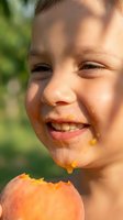 Happy young child enjoying fresh peach outdoors with juice dripping down face showing pure joy and summer fun in natural sunlight.