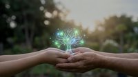 Hands holding glowing tree symbol representing environmental protection, sustainability and nature conservation in outdoor setting.