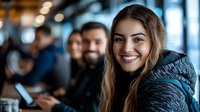 Young Caucasian woman smiling at camera in modern office with diverse team working in background, professional business environment for corporate marketing.