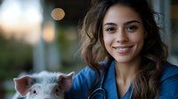Young female medical professional in blue scrubs smiling warmly while holding small pink and white piglet, showcasing veterinary care and animal welfare in natural lighting.