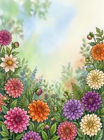 Colorful dahlia flowers border frame with green foliage on soft watercolor background for greeting cards and botanical design projects.