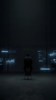 Silhouetted male professional seated on chair facing digital data displays and glowing analytics screens in dark modern office environment, representing cybersecurity, data analysis, and business intelligence concepts.