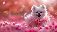 White Pomeranian puppy with happy expression surrounded by pink cherry blossom petspring atmosphere.