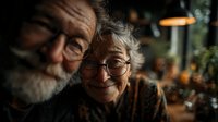 Elderly couple sharing intimate moment together in warm cozy home setting with soft lighting creating romantic atmosphere for senior love and companionship.