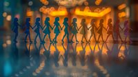 Paper cutout figures holding hands in a row with warm bokeh lights creating reflective surface, symbolizing unity and community connection.
