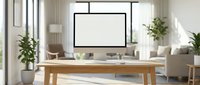 Wooden desk with blank monitor screen in bright modern office space with plants and natural light for mockup and design projects.